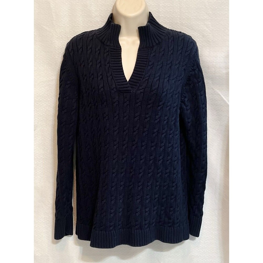 LL Bean Cable Knit Collared Long Sleeve Sweater Womens M Blue Fisherman Coastal
